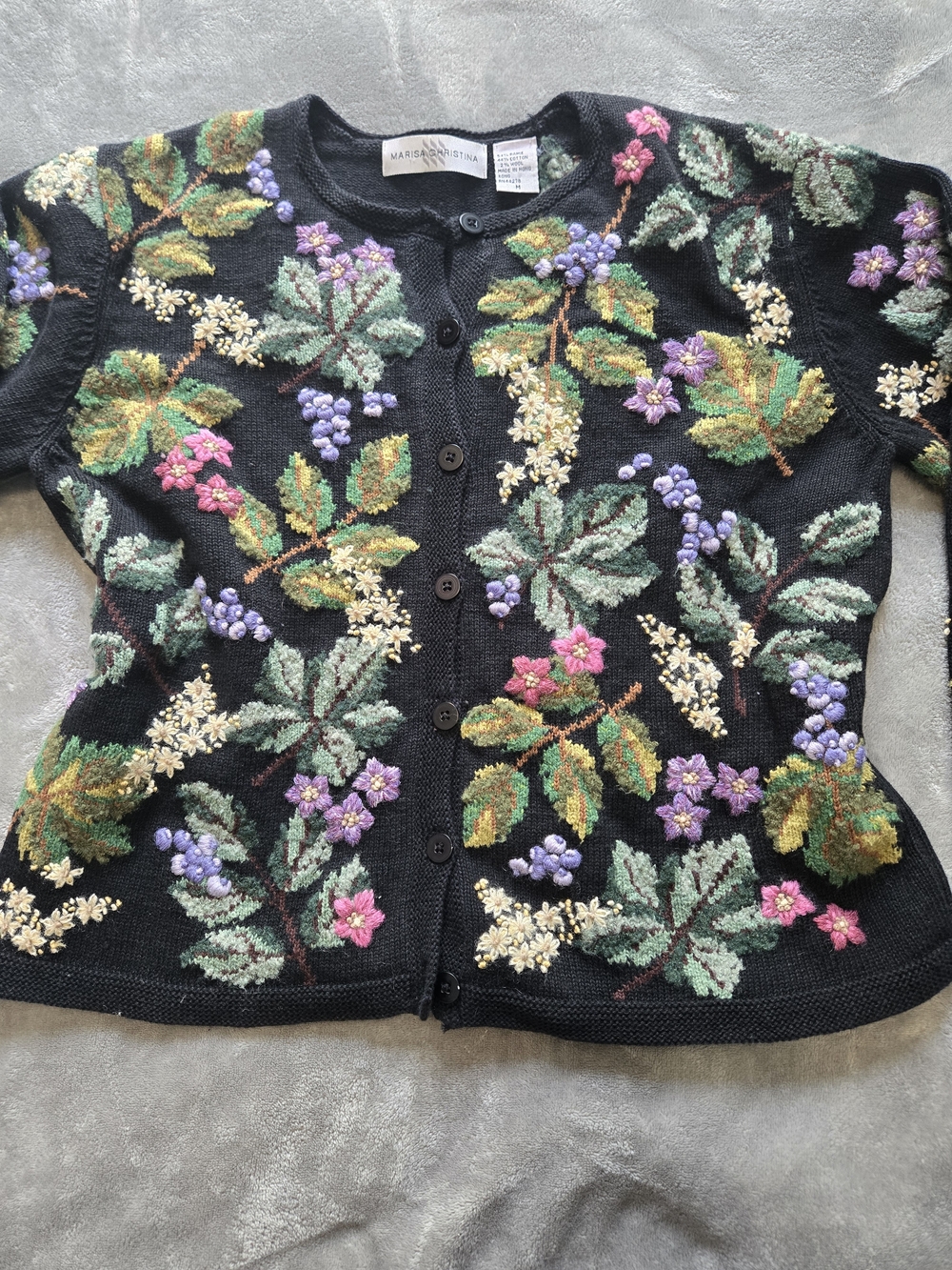 Marisa Christina Vintage Black Embroidered Floral Cardigan Purple & Green - Picture 2 of 10
